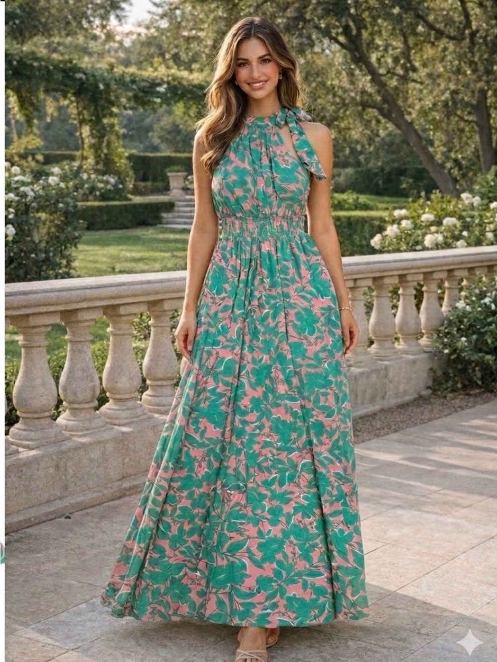 Meet Me in Santorini Green Pink Floral Halter Ruffle Lined Maxi Dress XS